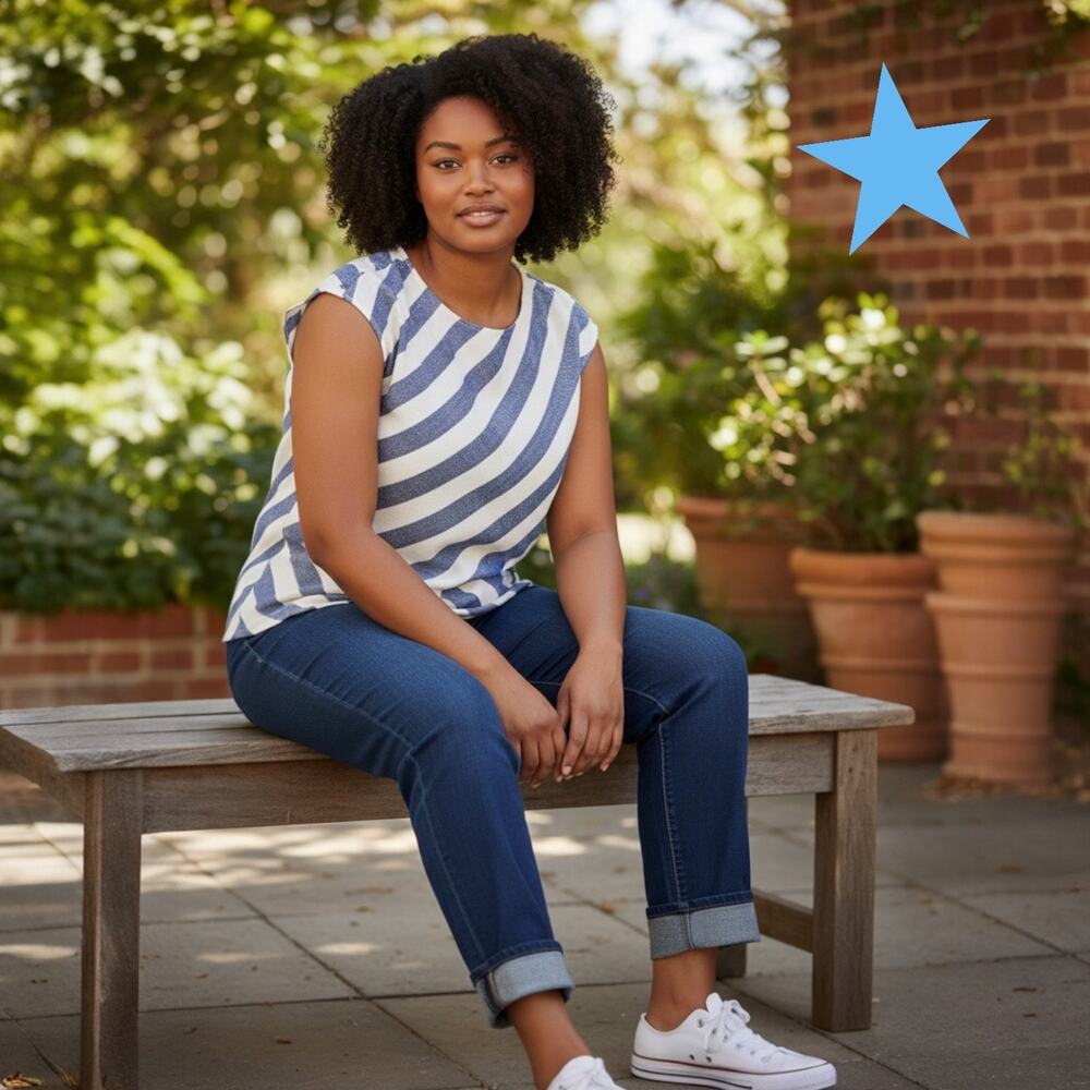 Talbots Linen Sleeveless Peplum Blouse Top Blue White Stripe 16 Plus